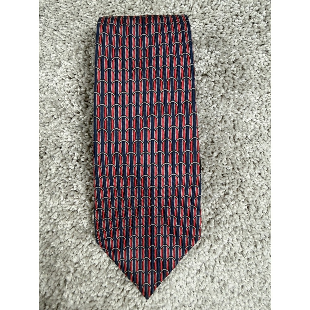 Hermes Paris Mens Silk Tie Navy Blue Red Geometric Arch Pattern Made in France